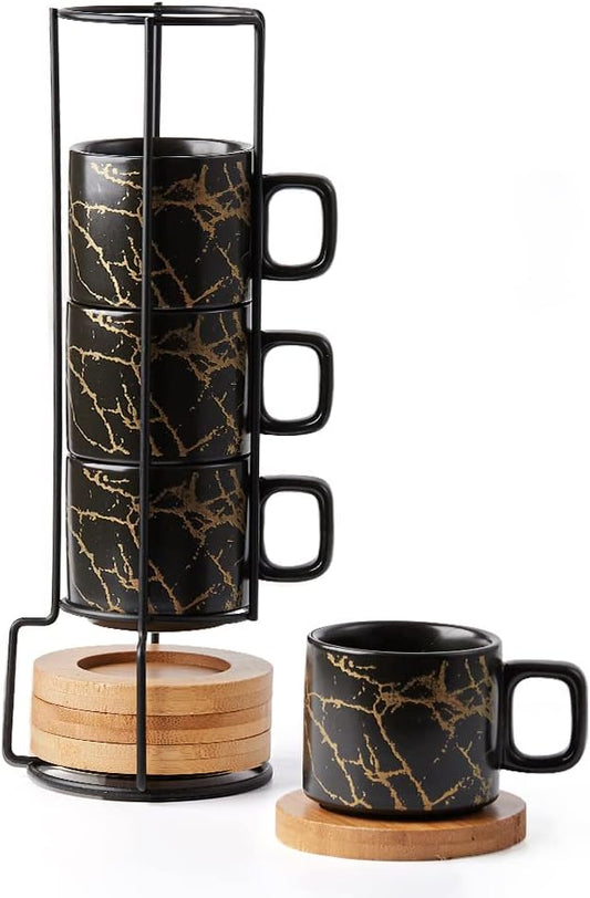 LUKA Porcelain Espresso Cup with Saucer and Metal Stand, 4 Ounce Stackable Ceramic Demitasse Espresso Mugs Cups Set for Latte,Coffee,Cafe Mocha,Tea(Set of 4)