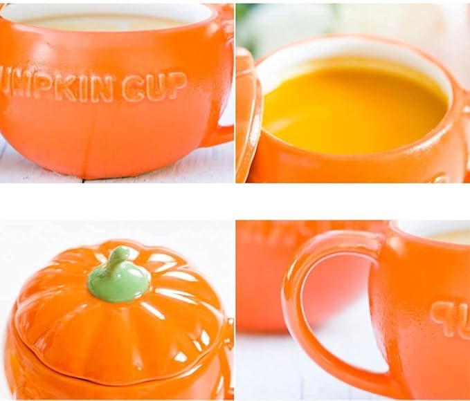 YBK Tech Cute Pumpkin Cup, Ceramic Coffee Mug, Tea Cup with Lid and Spoon (8.5oz)
