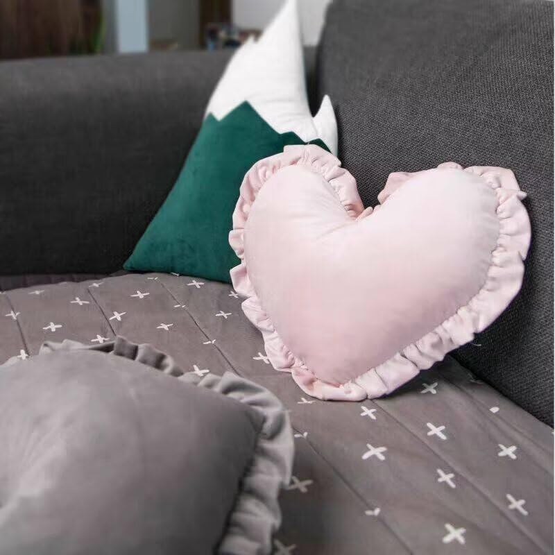 Heart Shaped Throw Pillow,Velvet Ruffed Pink Heart Throw Pillows Home Decoration Cushion for Sofa Bed Living Room (20×16inch) Light Pink
