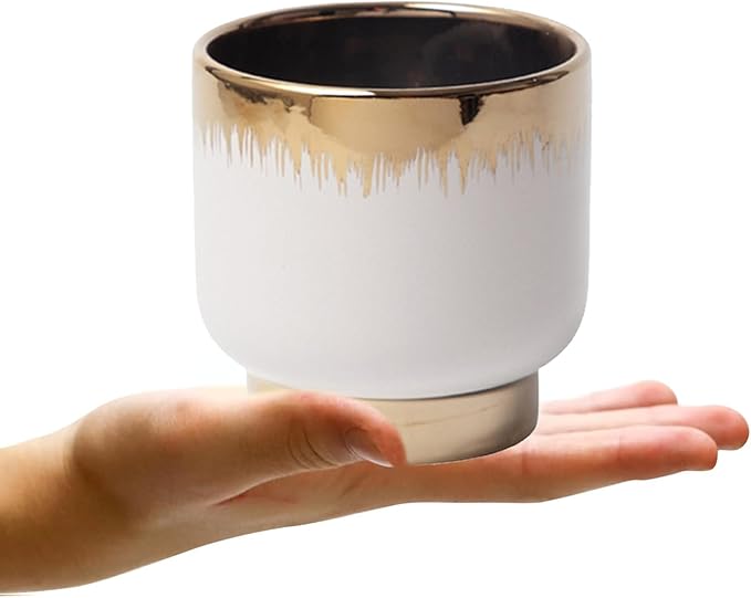 LB White Gold Ceramic Plant Pot for Indoor Plants, Succulent Planters Ceramic Plant Pots, Modern Flower Pots for Living Room Office Home Decor, Round Flower Pot of 4.3 Inch(Plant Not Included)