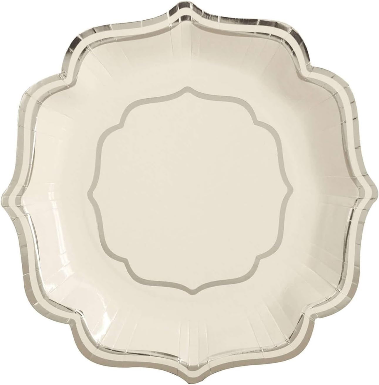 Efavormart 25 Pack | White/Silver 8" Scallop Rim Dessert Party Paper Plates, Disposable Appetizer Salad Plates - 300 GSM