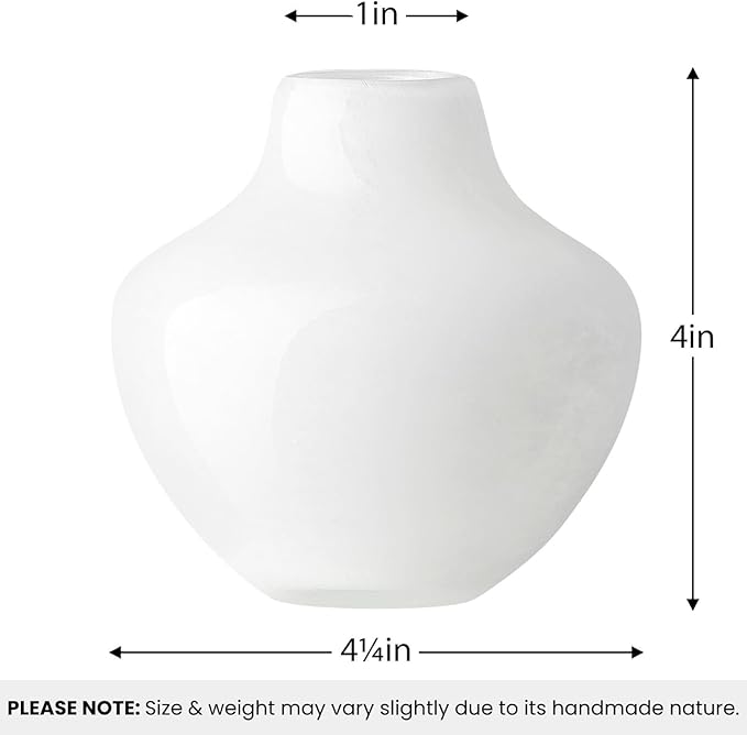 Torre & Tagus 4" Mouth Blown Art Glass Vase for Flowers - Opaque White Small Table Vase & Handmade Small White Accent for Modern Home Decor, Neutral Bud Vases as Decorative Shelf Decor or Wedding