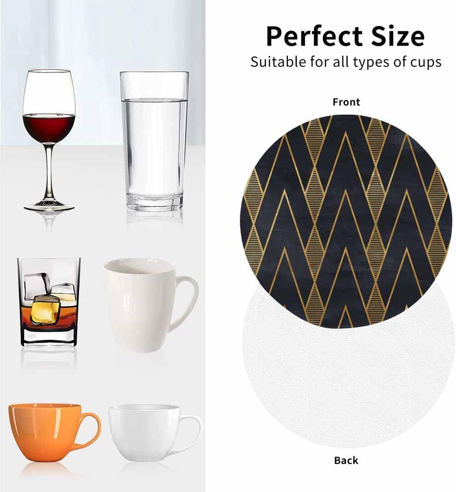 IBILIU Art Deco Coasters for Drinks,Set of 6 Leather Coaster,Golden Geometric Retro Blue Black Round Drink Coaster Cup Coasters for Home Kitchen Office Bar