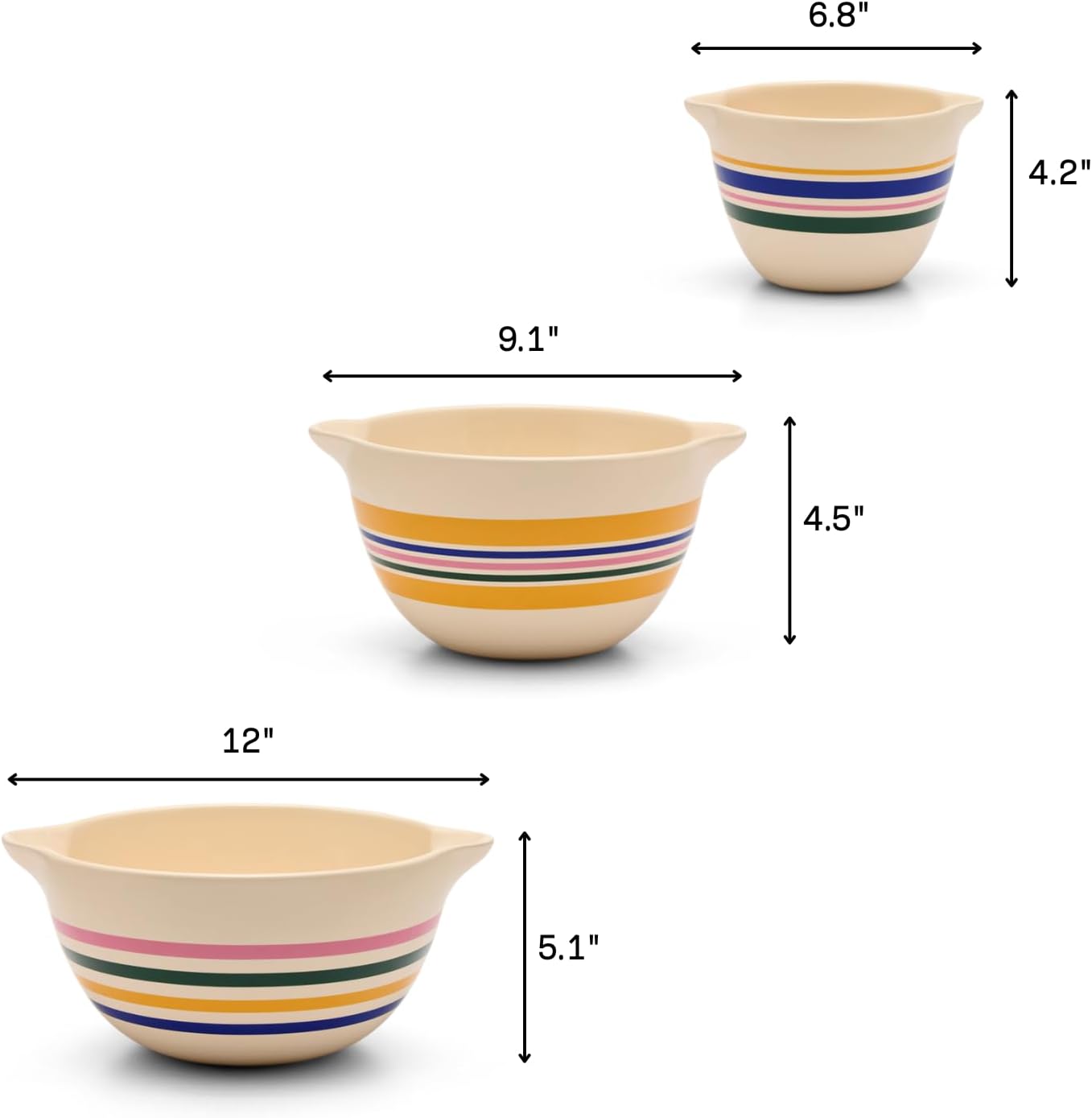 Great Jones Stir Crazy 3-Piece Stackable Ceramic Mixing Bowl Set (6.8", 9.1", 12") | Dishwasher, Freezer & Microwave Safe | Perfect for Baking, Serving & Mixing | Nestable for Easy Storage (Striped)