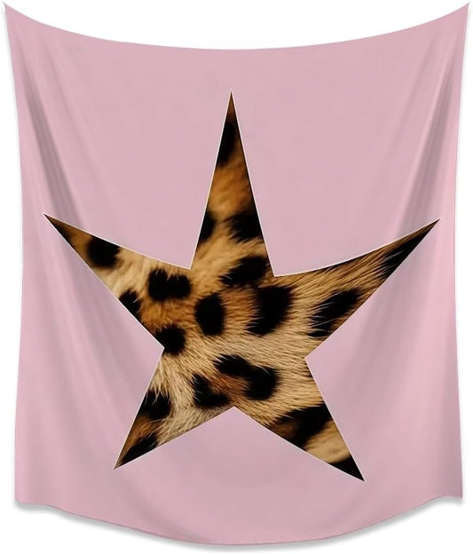 Medpol Pink Leopard Star Tapestry, Boho Chic Fashion Wall Hanging Trendy Animal Print Star Decor Tapestries Stylish Pink Aesthetic Wall Art for Bedroom Living Room 60x90inch