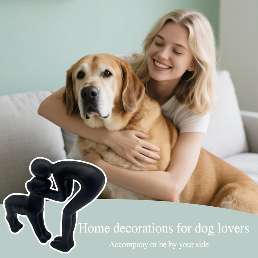 Human and Dog Statue Decoration, Cute Pet Sculpture Home Decor Tabletop Ornament Figurines Office Living Room Bedroom Home, for Dog Lovers Friends Family Decoration, Black Color