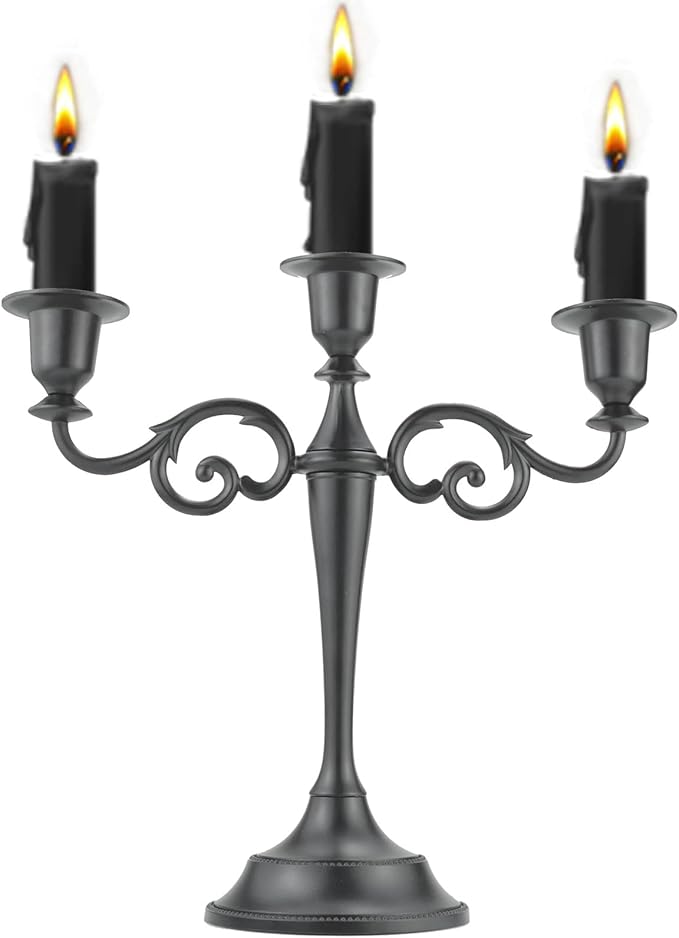 3 Candle Metal Candelabra Candlesticks Holder for Formal Events, Wedding, Church, Holiday Décor, Halloween Taper Candle Holder Stand Centerpiece Elegant Decoration Piece for Table, Black