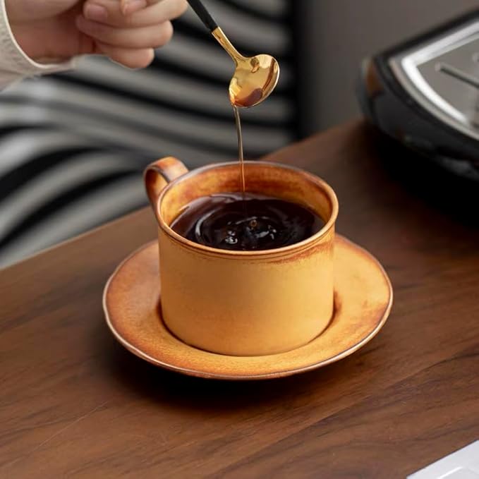 Vintage Fall Yellow Ceramic Coffee Mug with Saucer Set 9.5 Oz Porcelain Coffee Mug Set for Cappuccino,Lattes,Tea,Coffee Lovers Thanksgiving Gifts CM10 (Yellow 01)