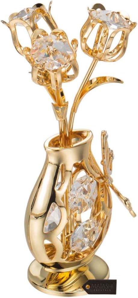 Matashi 24K Gold Plated Crystal Studded Flower Ornament in a Vase with Decorative Butterfly – Elegant Tabletop Showpiece Unique GIF for Mom, Wife, Grandma – Mother’s Day, Birthday