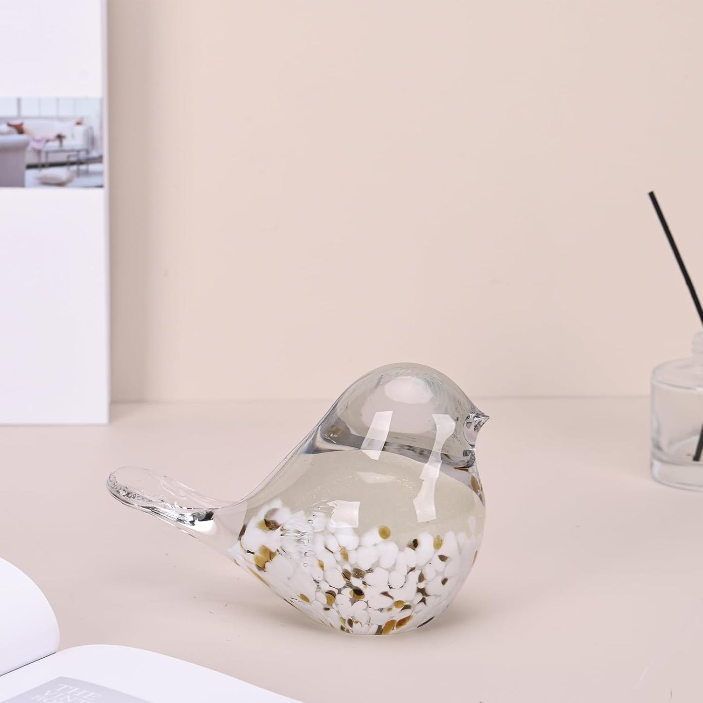 DOVDOV Hand Blown Glass Bird Statue Home Decor, Glass Art Bird Small Sculpture for Office Desktop on Dresser entryway Decorative Ornament and Glass Paperweight., Gray