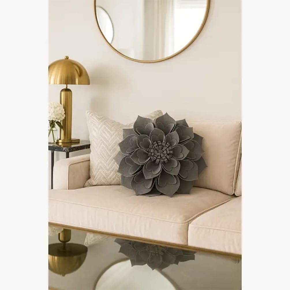 Fennco Styles Handmade 3D Heart-Shaped Petals Flower Decorative Throw Pillow Cover Only - 13" Round Slate Floral Pillow Case for Couch, Home Décor and Holiday, Housewarming Gift