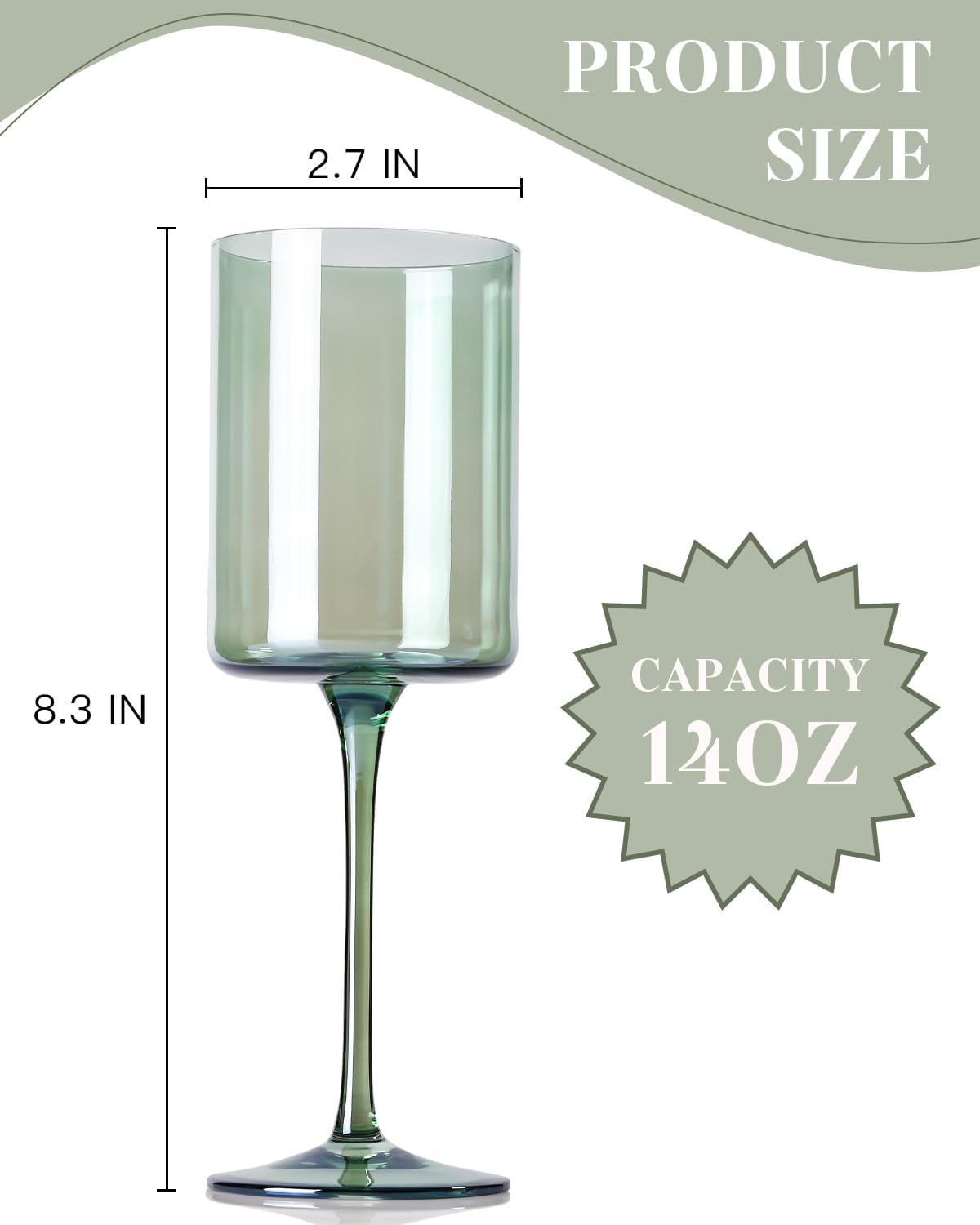 Green Square Wine Glasses Set of 6 - Hand Blown, Colorful With Tall Long Stems, Modern Set for All Occasions - 14oz