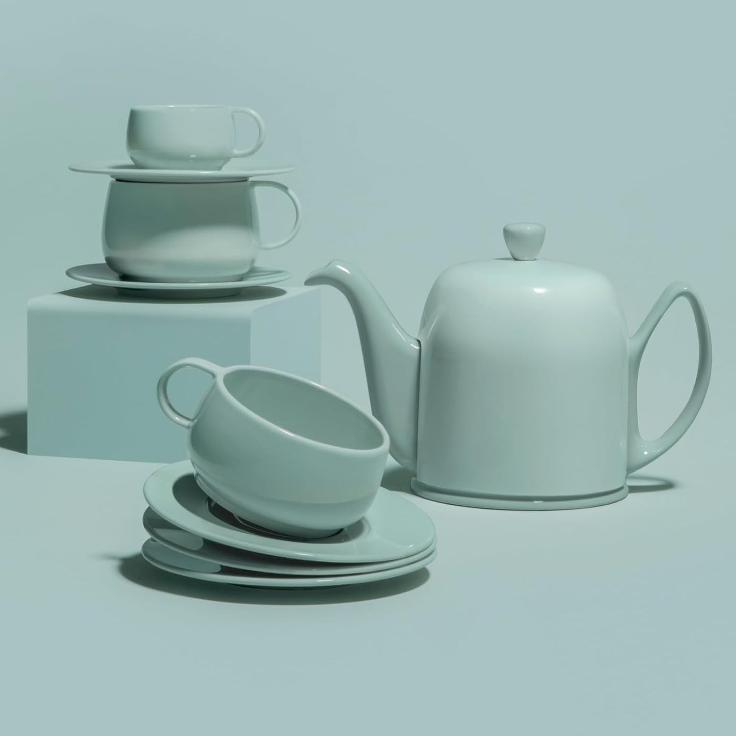 Degrenne Salam Luxury French Tea Pot - Porcelain Teapot with Stainless Steel Cover, Ceramic Tea Kettle for Loose Tea, Removable Infuser, 6 Cup Capacity, 36oz - Monochrome Green Almond