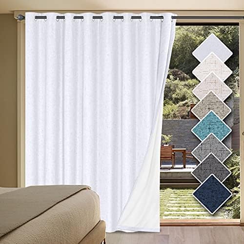 H.VERSAILTEX White Linen Blackout Curtains Durable Thick Textured Linen Look 100% Blackout Patio Door Curtain Anti Rust Grommet Extra Wide Sliding Door Curtain Panel, W100 x L108 inch- Bright White