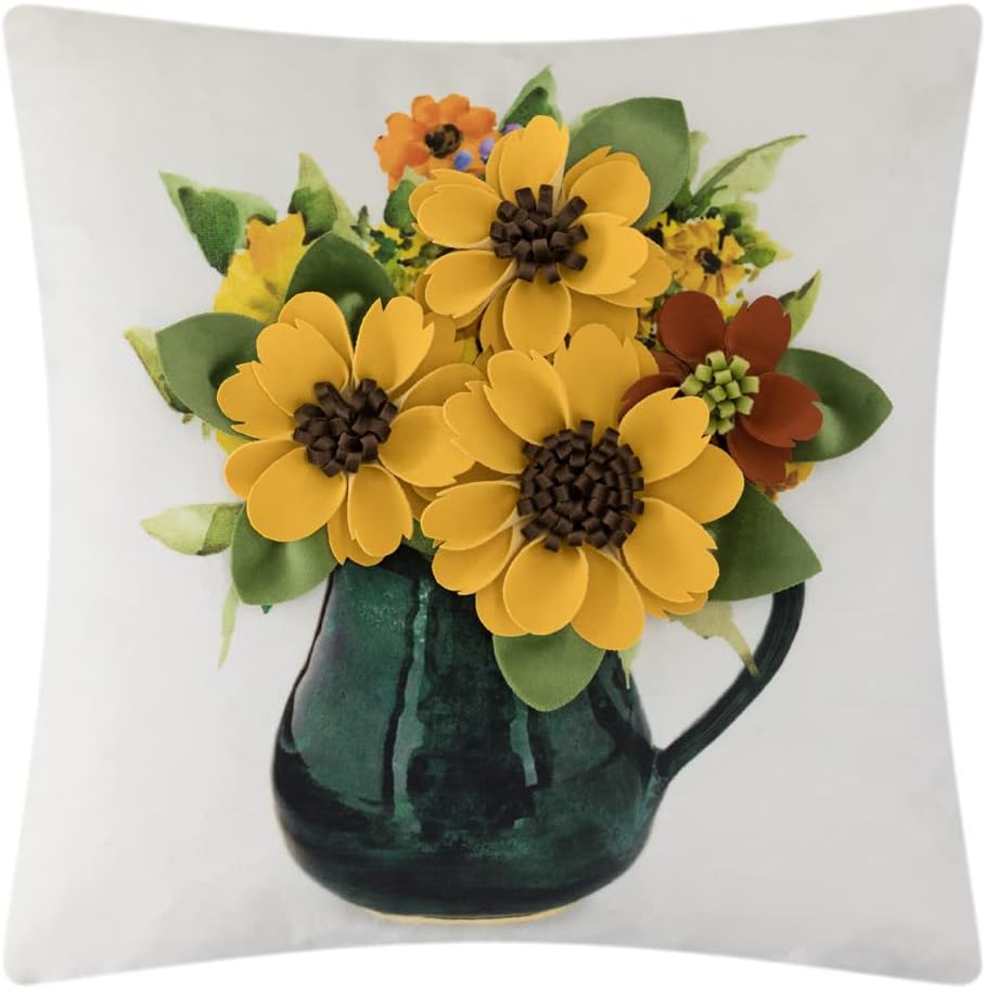 Decorative 3D Flower Throw Pillow Covers Accent Floral Flowerpot Pillowcases for Couch Bed Home Living Room Farmhouse Decor Yellow 18x18 Inch