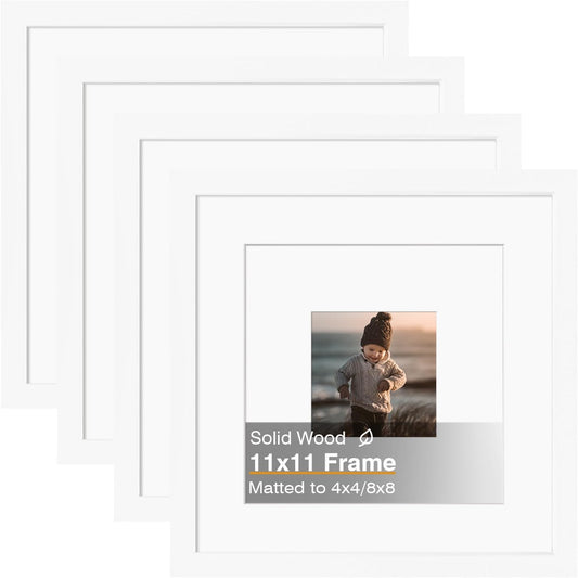 KINLINK 11x11 Picture Frame, White Square Solid Wood Frames for Pictures 4x4 and 8x8 with Mat or 11x11 without Mat, Wall and Tabletop Display Photo Frames White 4 Pack