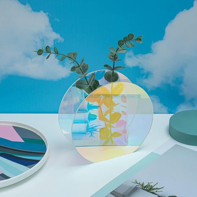 Iridescent Acrylic Vase for Artificial Flower Fake Eucalyptus Plant Leaves Office Home Decor Contemporary Tabletop Minimalist Geometric Mini Decoration Make Up Brushes Organizer Holder（RainbowRound）