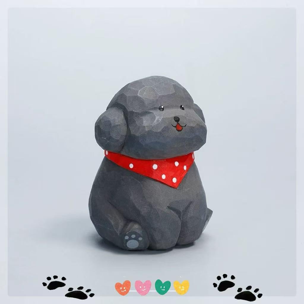 Cute Wood Teddy Dog Figurine, 2.7' Handmade Carved Gray Teddy Statue with Base, Unique Pet Dog Figure Collectibles Home Decor