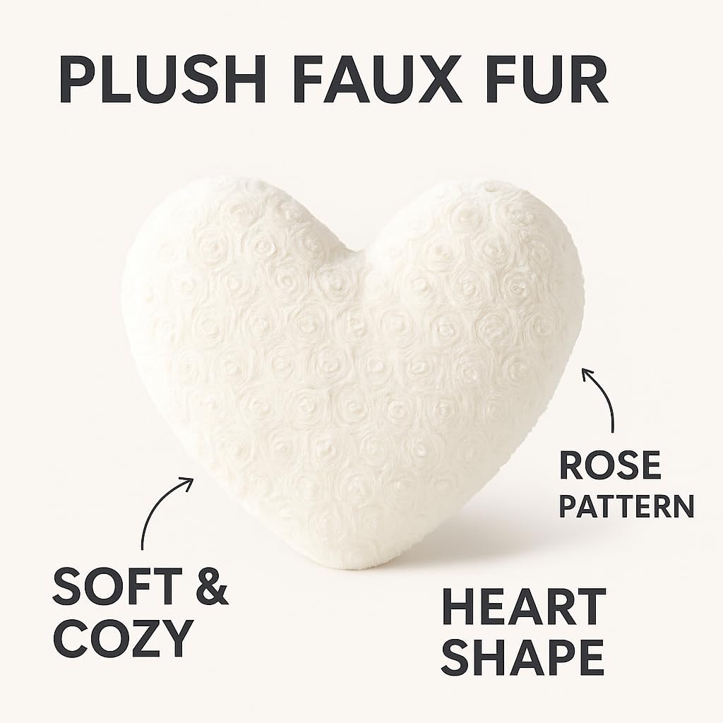 DaDalogy Bedding Luxury Dreamy White Faux Fur Heart Pillow - Lovely Valentine Gift Throw Cushion with Sewn Insert - Fluffy Cute Romantic Soft Sherpa Backside | Upgraded- 16” x 14”