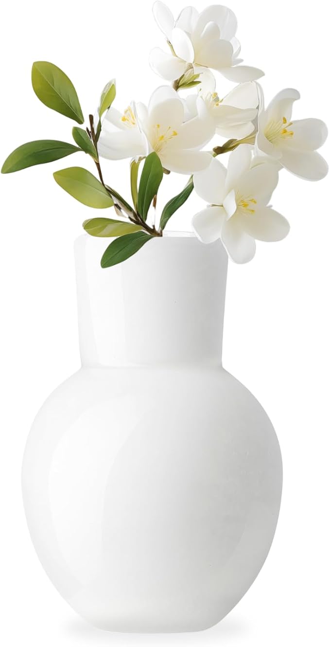Torre & Tagus 6" Mouth Blown Art Glass Vase for Flowers - Opaque White Small Table Vase & Handmade Small White Accent for Modern Home Decor, Neutral Bud Vases as Decorative Shelf Decor or Wedding