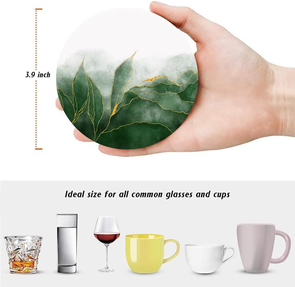 LOKMU Coasters for Drinks,Round Absorbent Ceramic Stone Coaster Sets of 6 with Metal Holder Stand,Green Paint and Golden Shiny Veins Coasters with Cork Base for Coffee Wooden Table,Housewarming Gifts