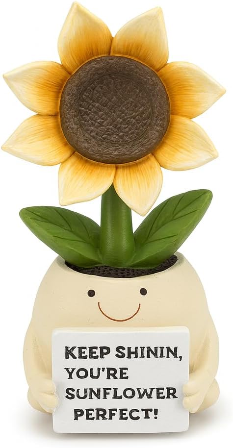 Inspirational Sunflower Gifts for Women Men, Keep Shining Resin Desk Decor, Cute Mini Plant Pot Figurine - Unique Thinking of You Encouragement Present for Coworker Friend Get Well Soon (Sunflower)