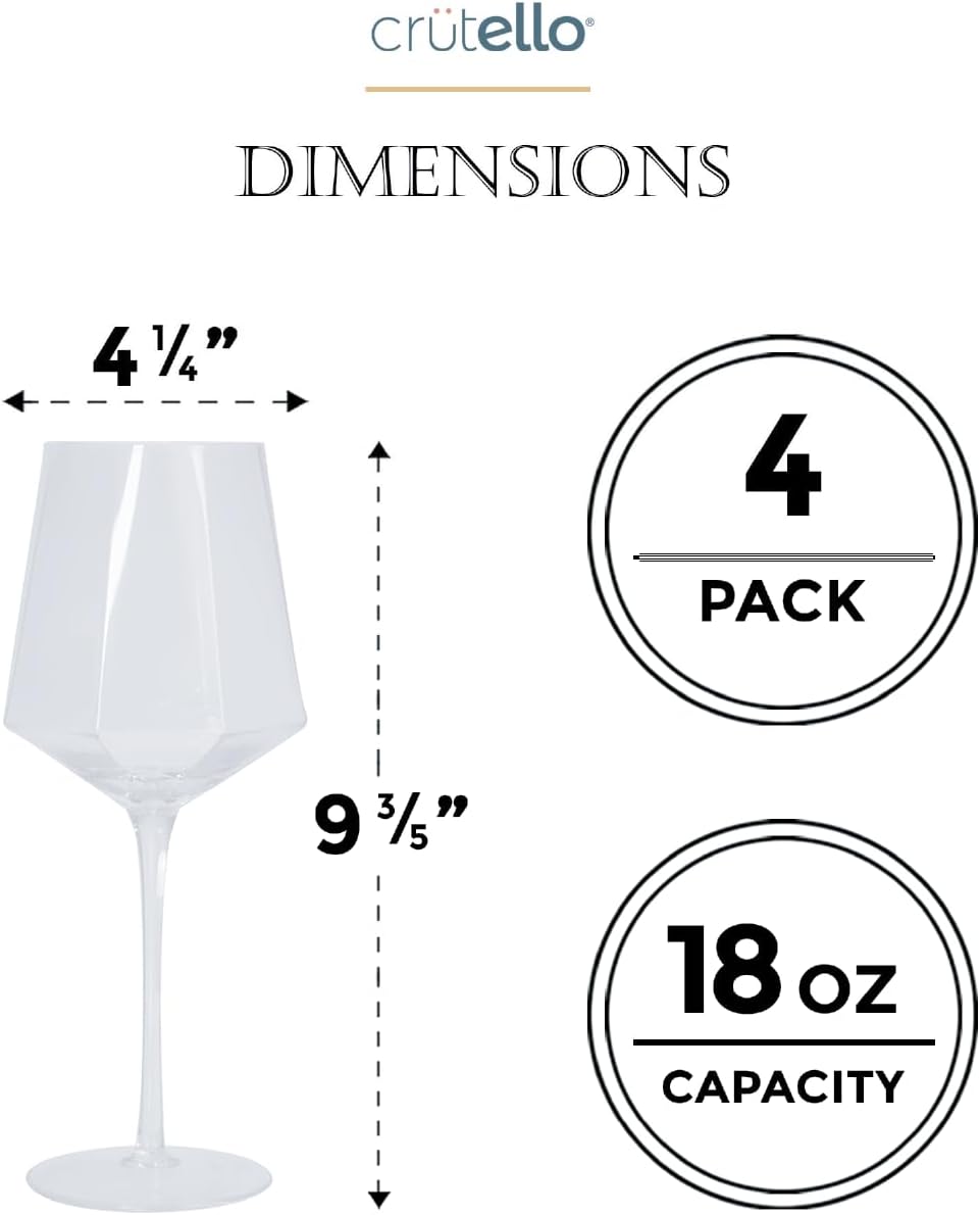 Crutello Vintage Wine Glasses Set of 4-18 oz Glass Sets - Fancy Unique Art Deco Glassware - Long Stemmed Fun Drinking Glasses for Red and White Wine, Cute Cocktail, or Fun Mocktails