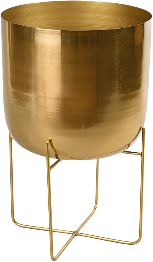 Serene Spaces Living Modern Mid‑Century Metal Indoor Planter with Stand, Gold Planter Pot, Indoor Plants – Decorative Planter Holder for Living Room, Kitchen & Office, 14" Diameter & 24" Tall