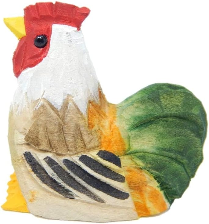Hand-Carved Wooden Rooster Figurine - Miniature Bird Art Statue Mini Carved Ornament Figurine Small Farm Animal, Rustic Carved Bird SculptureOrnament & Collectible Country Decor
