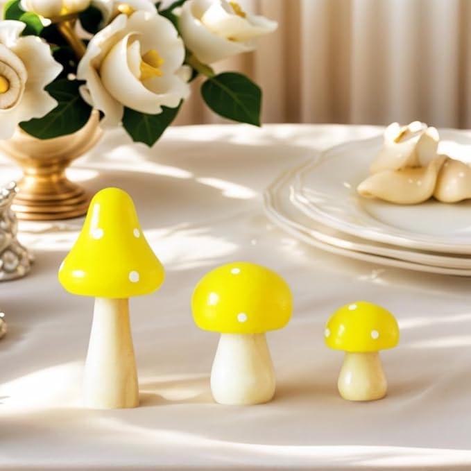 3Pcs Mushroom Decor Wooden Mini Figures Fairy Garden Accessories 2.9in 1.8in 1.2in Cute Miniature Mushrooms Home Decor for Bedroom Office Bonsai Fairy Garden Yellow