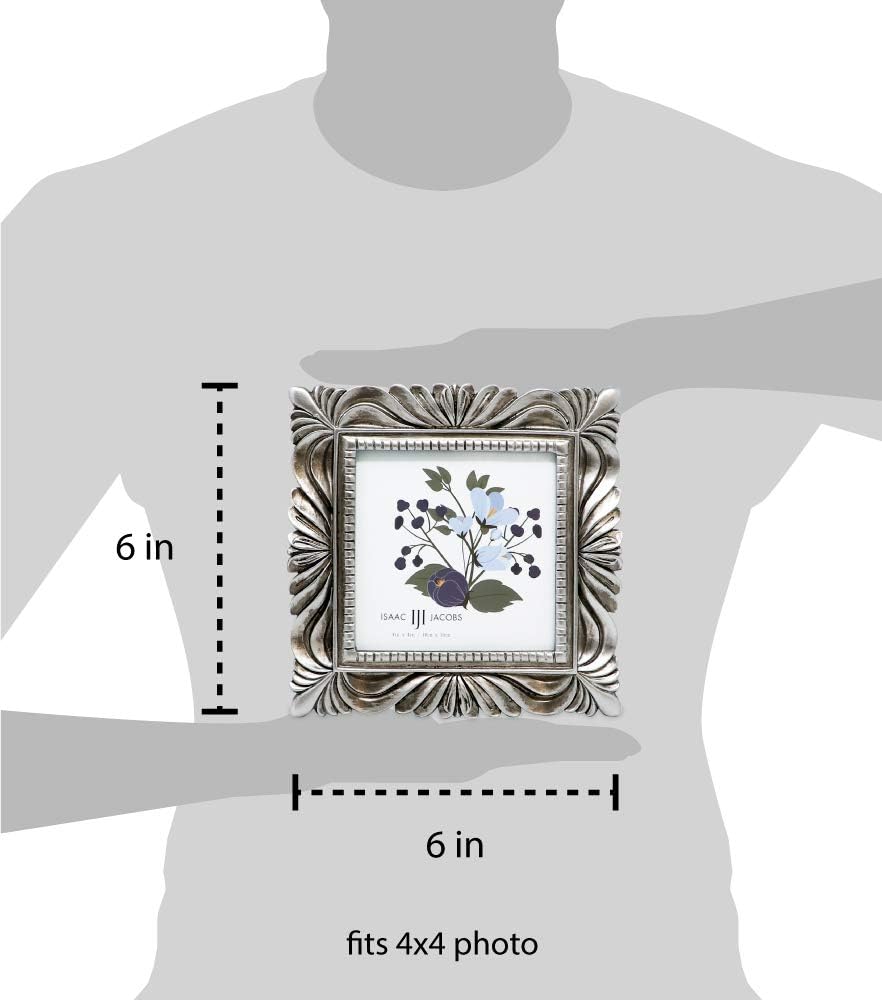 Isaac Jacobs 4x4 Silver Wave Textured Hand-Crafted Resin Picture Frame with Easel & Hook for Tabletop & Wall Display, Decorative Swirl Design Home Décor, Photo Gallery, Art, More (4x4, Silver)