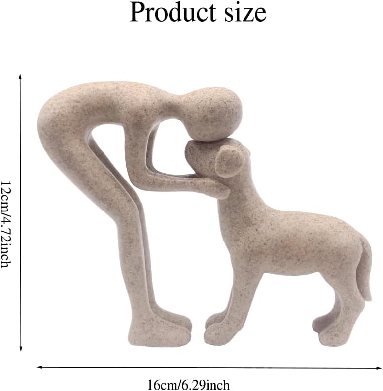 Human and Dog Statue Decoration, Cute Pet Sculpture Home Decor Tabletop Ornament Figurines Office Living Room Bedroom Home, for Dog Lovers Friends Family Decoration, Sandstone Color