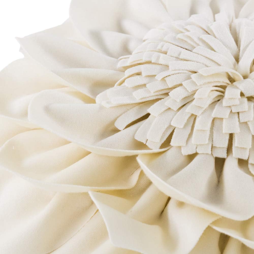 Decorative Throw Pillow 3D Flower Round Pillow Accent Handmade Cushion with Insert for Couch Bed Home Decor 14 inch Cream White
