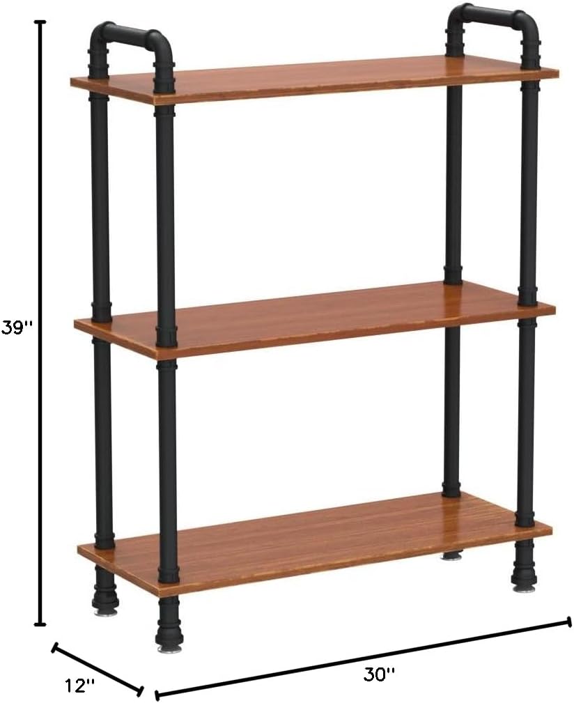 Industrial Bookshelf, 3 Tier Pipe Shelving, Industrial Pipe Shelf - Rustic Brown, 29.5" L x 11.8" W x 39" H