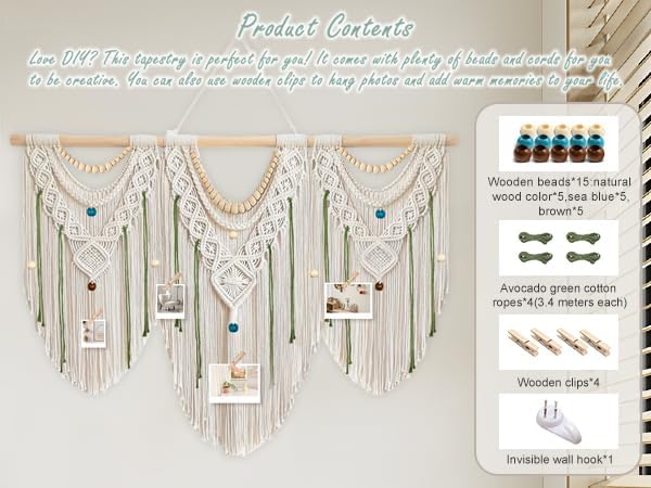 Gliterra Large Macrame Wall Hanging Handmade Boho Tapestry 43"x32" - Wall Art Decor with Wooden Beads & Rod for Living Room, Bedroom, Wedding (Includes 3-Color Beads, Clips & Green Cotton Rope)