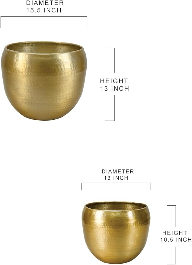 Serene Spaces Living Brass-Look Aluminum Cachepot: Handcrafted in India, Elegant Wedding & Home Decor, Vintage Planter for Indoor Plants, Flowers, Table Centerpieces, and Ornamental Display, KIT of 2