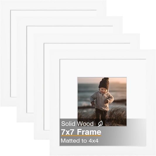 KINLINK 7x7 Picture Frame, White Square Solid Wood Frames for Pictures 4x4 with Mat or 7x7 without Mat, Wall and Tabletop Display Photo Frames White 4 Pack
