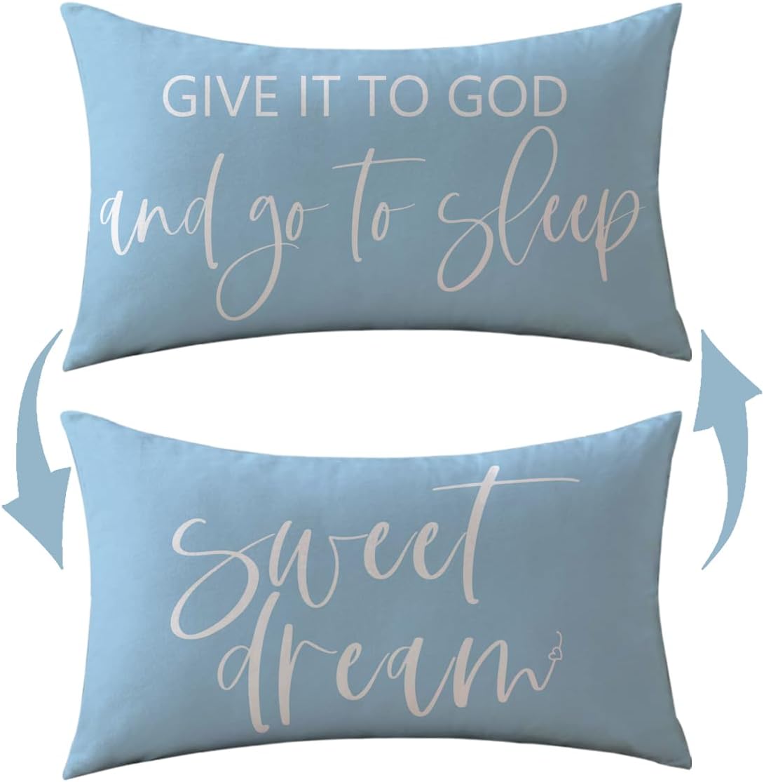 Bedding Decorative Pillowcases Reversible Give It to God and Go to Sleep Cushion Covers Sleep Themed Throw Pillow Covers 12''x20'' for Bedroom Guest Room Housewarming Gifts (Light Blue)