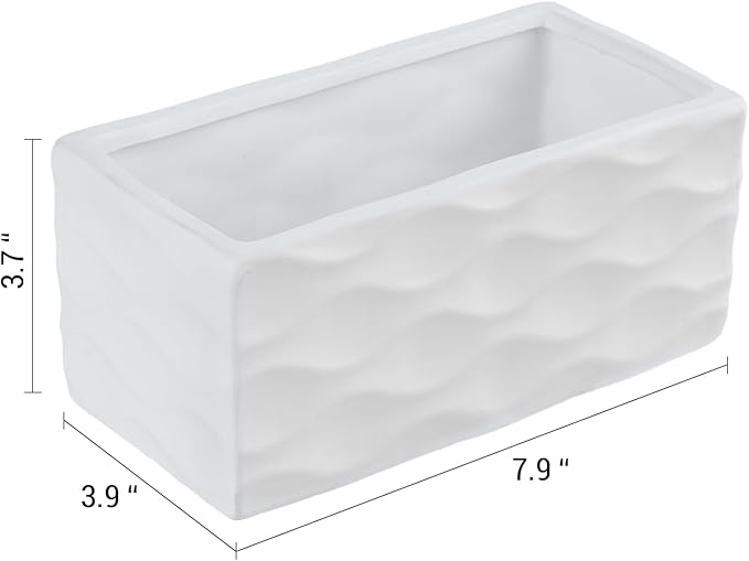 MyGift Modern Wave Pattern White Ceramic Rectangular Planter Pot - Decorative Indoor Flower Container for Home, Office, Patio, and Garden, 8-Inch