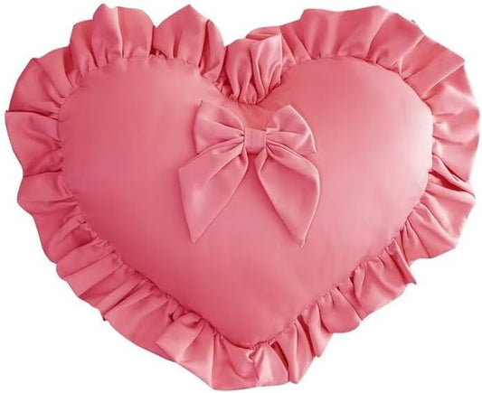 Heart Ruffled Throw Pillow,Velvet Heart Throw Pillow Bow Pillows Wedding Gifts Pillows Decorative Cushion for Sofa Bed Bay Window 20×16 inch,Hot Pink