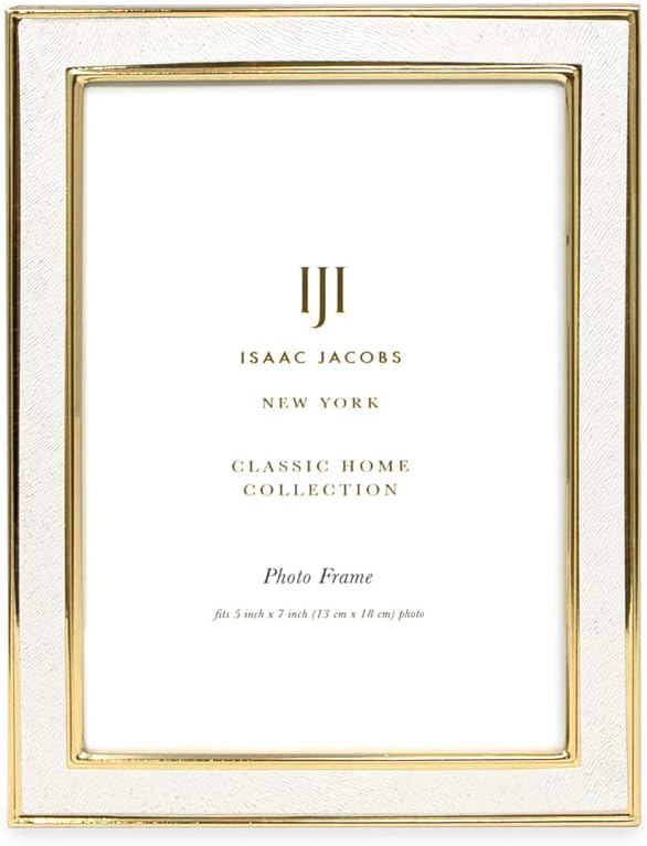 Isaac Jacobs 5x7 White Textured Leather (Vertical & Horizontal) & Gold Metal Picture Frame, with Black Fabric Easel, Wall-Mountable, Made for Tabletop, Home or Office (5x7, White W/ Gold)