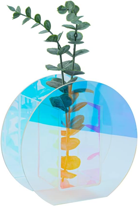 Iridescent Acrylic Vase for Artificial Flower Fake Eucalyptus Plant Leaves Office Home Decor Contemporary Tabletop Minimalist Geometric Mini Decoration Make Up Brushes Organizer Holder（RainbowRound）