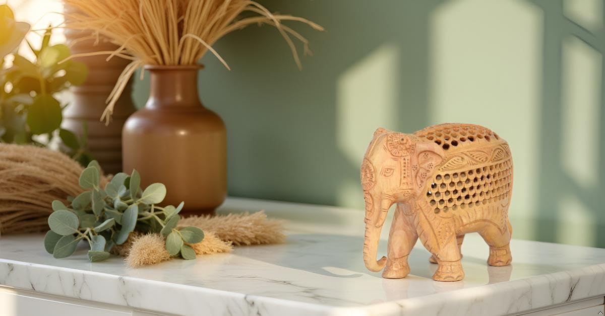ETROVES Wood Elephant Statue - Hand Carved Wooden Elephant Figurine/Sculpture Home Farmhouse Decor, 6 Inch, Brown