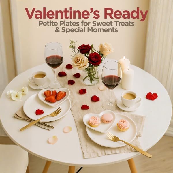 Heart Shaped Plates, Decorative White Ceramic Plates for Dessert, Appetizer, or Jewelry Display, Romantic Dinner Set for Two, Small Plate Dinnerware for Valentines Day, White Heart Decorations, 2 Pack