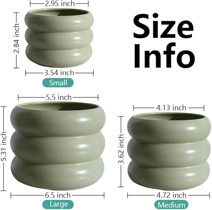 3 Piece Modern Ceramic Planter, 6.5/4.7/3.5 Inch Green Plant Pot Set of 3 Unique Planters for Outdoor Indoor Flower Pots Plants with Drainage Holes Home & Office Decor with Mesh Pad