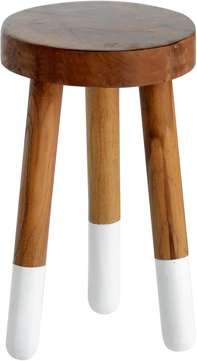 Teak 11.8" Round Dip Dyed Teak Stool | Wood Accent Side Table | Wood Plant Stand (24" Tall White)