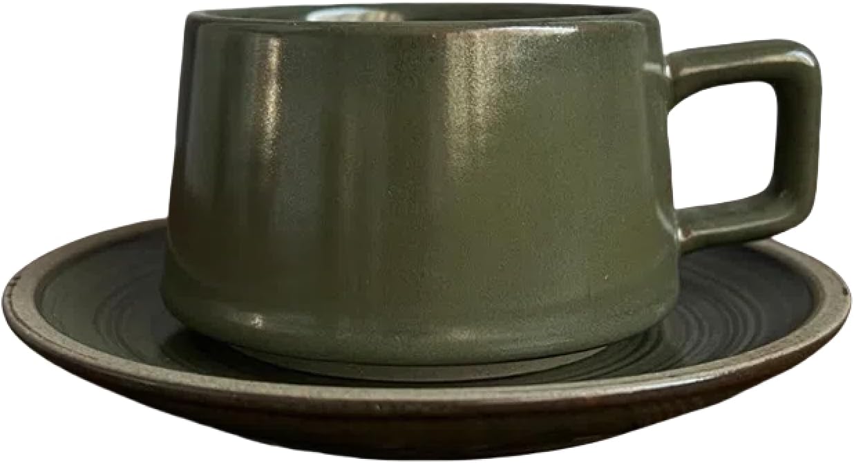 Japanese Simple Stoneware Coffee Cup and Saucer Set - Vintage Ceramic Teacup Mug Gift Box - Home Office Afternoon Tea Set