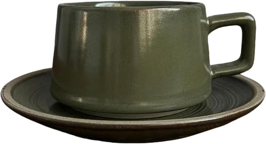 Japanese Simple Stoneware Coffee Cup and Saucer Set - Vintage Ceramic Teacup Mug Gift Box - Home Office Afternoon Tea Set