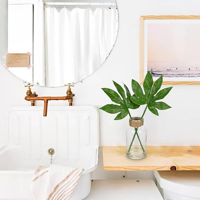 Fake Plants Faux Greenery Stems in Glass Vase with Faux Water, Realistic Silk Faux Plants Artificial Tropical Leaves for Home Bathroom Office Wedding Centerpiece Décor