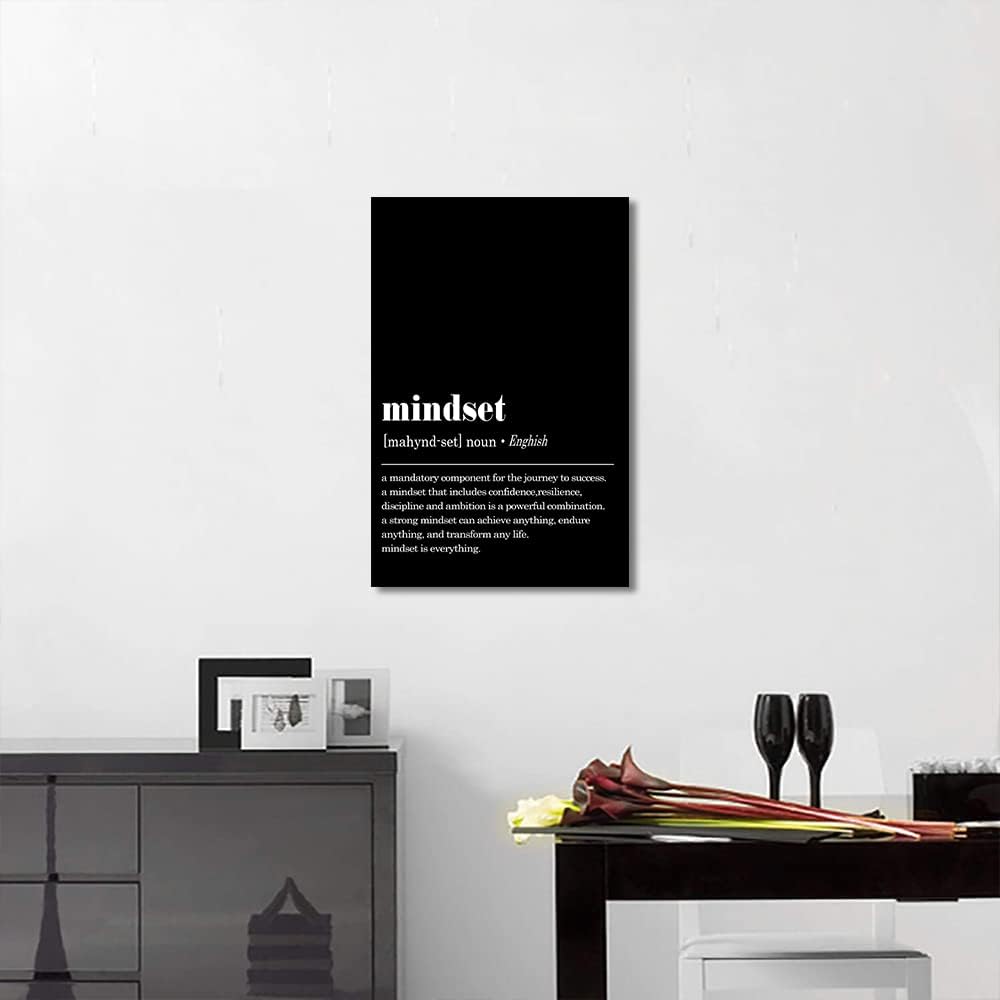 Inspirational Framed Office Home Wall Art with Mindset Verb Artwork Black and White Motivational Gifts for Men Mindset Is Everything Quotes Wall Decor Ready to Hang-12 inch x 18 inch